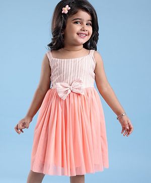 Babyhug Woven Sleeveless Fit and Flare Party Frock with Textured Yoke & Bow Applique- Peach