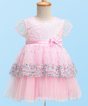 Babyhug Half Sleeves Fit & Flared  Party Frock with Sequin & Floral Embroidery Detailing Bow Applique - Pink