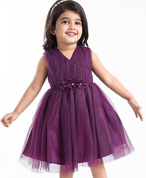 Babyhug  Sleeveless Fit & Flared Shimmered Party Frock with Floral Applique - Wine