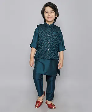 Ministitch Full Sleeves Solid Kurta & Pyjama With Woven Jaquard Embroidered Jacket - Teal