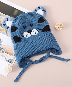 Babyhug Woollen Cap With Tiger Design - Blue