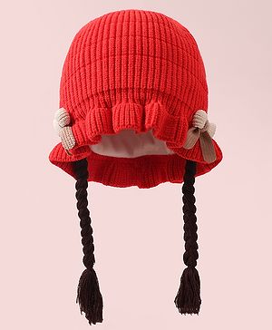 Babyhug Woollen Cap With Bow Applique - Red