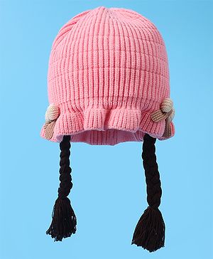 Babyhug Woollen Cap With Bow Applique - Pink