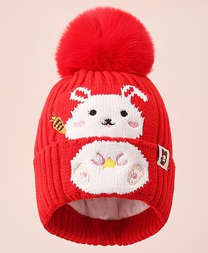 Babyhug Woollen Cap With Bunny Design - Red