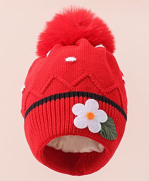 Babyhug Woollen Cap With Floral Applique - Red