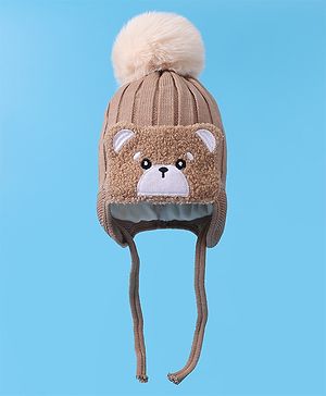 Babyhug Woollen Cap With Knot Bear Applique - Brown