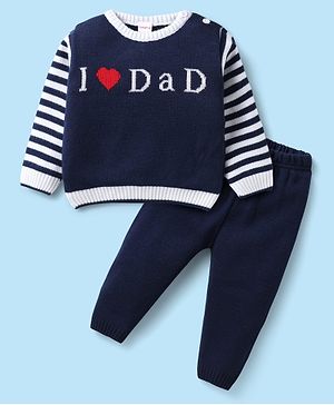 Babyhug Knitted Full Sleeves Sweater Set with Stripes & Text Design - Navy