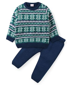 Babyhug Knitted Full Sleeves Sweater Set with  Intarsia Design - Navy Blue