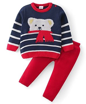 Babyhug Knitted Full Sleeves Sweater Set with Teddy Design - Navy & Red