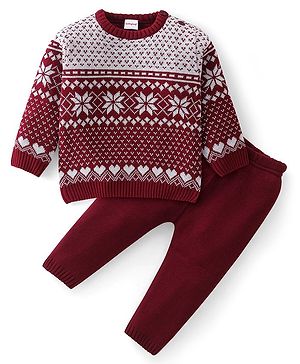 Babyhug Knitted Full Sleeves Sweater Set with Floral Design - Maroon