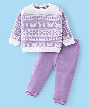 Babyhug Knit Full Sleeves Sweater Set with Butterfly Design -Lavender