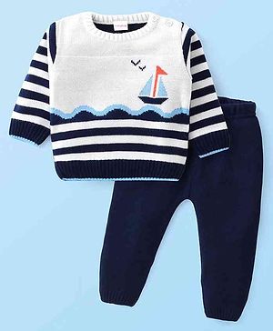Babyhug Knit Full Sleeves Sweater Set With Stripes & Nautical Theme Design - Navy Blue & White