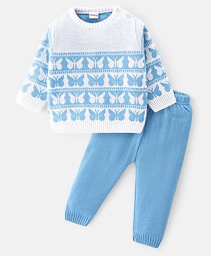 Babyhug Knit Full Sleeves Sweater Set With Butterfly Design - Sky Blue