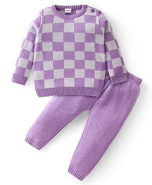 Babyhug Knitted Full Sleeves Sweater Set with Checkered Design - Purple