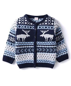 Babyhug Knitted Full Sleeves Front Open Sweater Set With Reindeer Design - Navy Blue