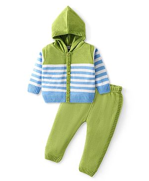 Babyhug Knitted Full Sleeves Striped Hooded Front Open Sweater Set - Sky Blue & Lime