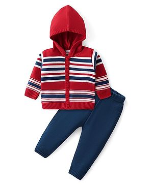 Babyhug Knitted Full Sleeves Hooded Front Open Sweater Set with Striped Design - Multicolour