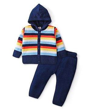 Babyhug Knitted Full Sleeves Hooded Front Open Sweater Set - Navy Blue