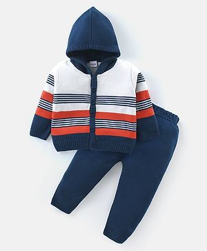 Babyhug Knitted Full Sleeves Striped Hooded Sweater Set - Blue & Orange