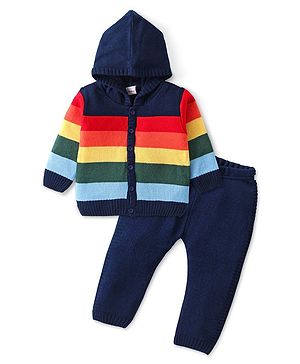 Babyhug Knitted Full Sleeves Colour Block Front Open Hooded Sweater Set - Navy Blue