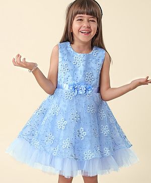 Babyhug  Sleeveless Fit &  Flare Floral Embroidered Party Frock with Applique - Aqua Blue