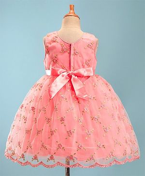 Babyhug Sleeveless Embroidered Party Frock with Floral Applique - Pink
