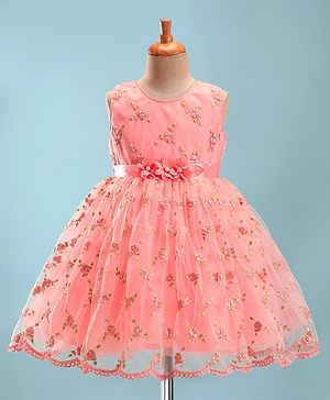 Babyhug Sleeveless Embroidered Party Frock with Floral Applique - Pink