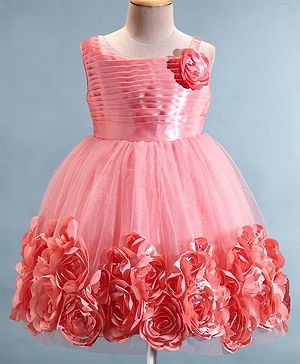 Babyhug Sleeveless Fit & Flared Party Frock with Pleated Detailing & Floral Embellishment - Coral