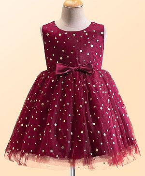 Babyhug Woven Sleeveless Fit and Flare Shimmery Party Frock with Bow Applique- Wine