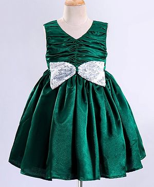 Babyhug Woven Sleeveless Fit and Flare Party Frock with Sequin Bow Detailing - Bottle Green