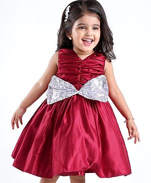 Babyhug Sleeveless Fit & Flared Party Frock with Bow Detailing - Maroon