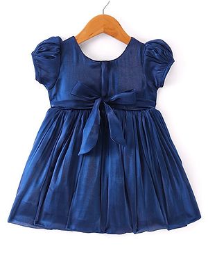 Babyhug Woven Half Puffed Sleeves Fit & Flared Pleated Party Frock with  Floral Applique - Navy Blue