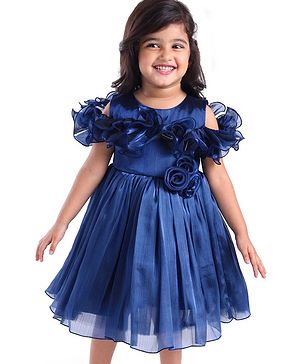 Babyhug  Woven Sleeveless Fit & Flared Party Frock with Ruffled Shoulder & Floral Applique - Navy Blue