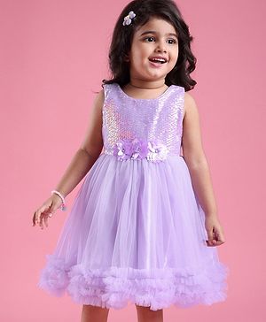 Babyhug  Sleeveless Fit and Flare Sequinned Yoke   Party Frock with Frill & Floral Detailing - Lavender