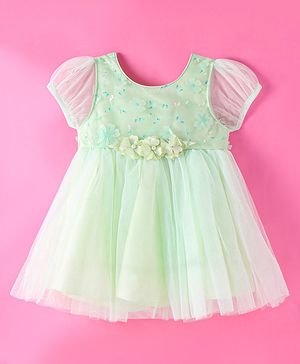 Babyhug Woven Puffed Sleeves Dress With Floral Aplique -  Light Green