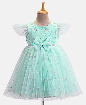 Babyhug Woven Frill Sleeves Dress With Sequins  Detailing & Bow Applique - Mint