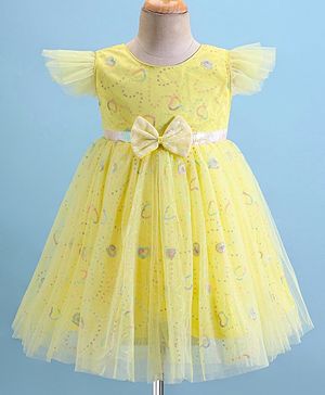 Babyhug Woven Frill Sleeves Fit and Flare Party Gown with Sequined Detailing & Bow Applique - Yellow