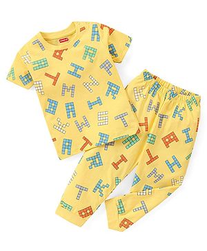 Babyhug Cotton Knit Half Sleeves Alphabets Printed Night Suit - Yellow