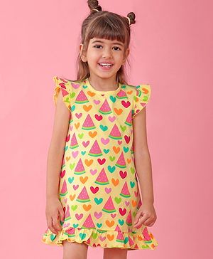 Babyhug Single Jersey Knit Frill Sleeves Nighty Watermelon and Heart Print - Yellow