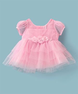 Babyhug Woven Puff Sleeves Shimmered  Frock  With Floral Applique - Pink