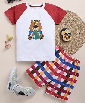 TOONYPORT Cotton Half Sleeves Bear Printed Tee & Shorts Set - Red