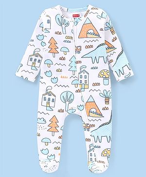 Babyhug Interlock Knit  Full Sleeves Sleep Suit with Tree Print - White