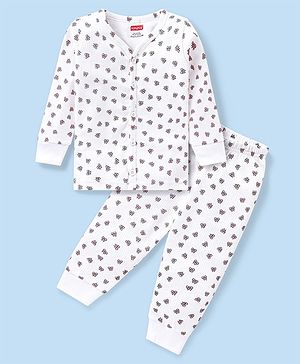Babyhug Full Sleeves Front Open Thermal Vest And Legging With Bow Print - Off-White