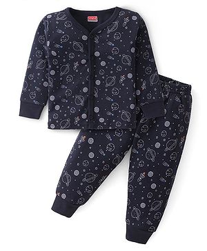 Babyhug Full Sleeves Front Open Thermal Vest & Pant With Space Theme Print - Navy Blue