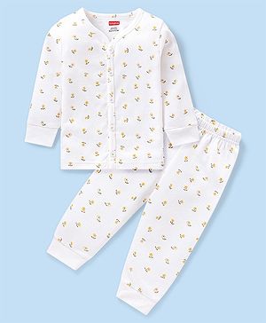 Babyhug Full Sleeves Front Open Thermal Vest And Legging With Floral Print - Off-White