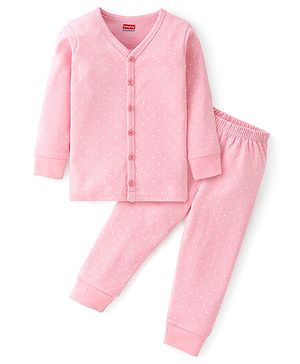 Babyhug Full Sleeves Thermal Vest and Pant Set Polka Dot Print - Pink