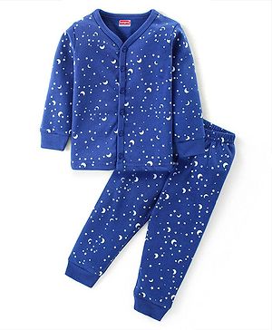 Babyhug Full Sleeves Front Open Vest & Leggings Set Star Print - Navy Blue