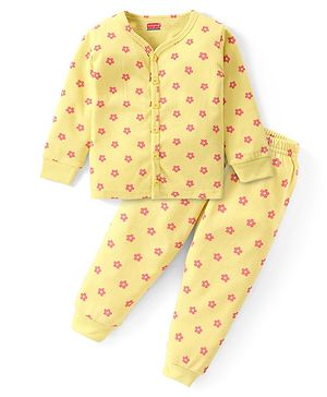 Babyhug Full Sleeves Front Open Thermal Vest and Pant Set Floral Print - Lime Yellow