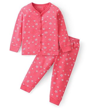Babyhug Front Open Full Sleeves Top & Bottom Thermal Wear Combo Set Snowflake Print - Pink