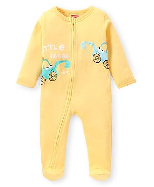Babyhug Interlock Knit Full Sleeves Sleepsuit with JCB Print - Yellow